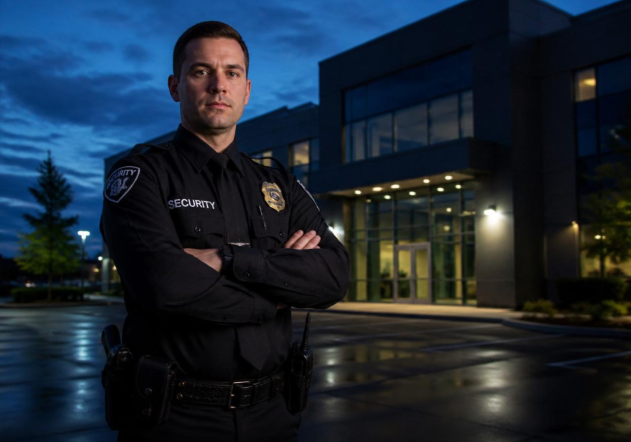 Uniformed Reliable Security Staffing officer on duty at a commercial property